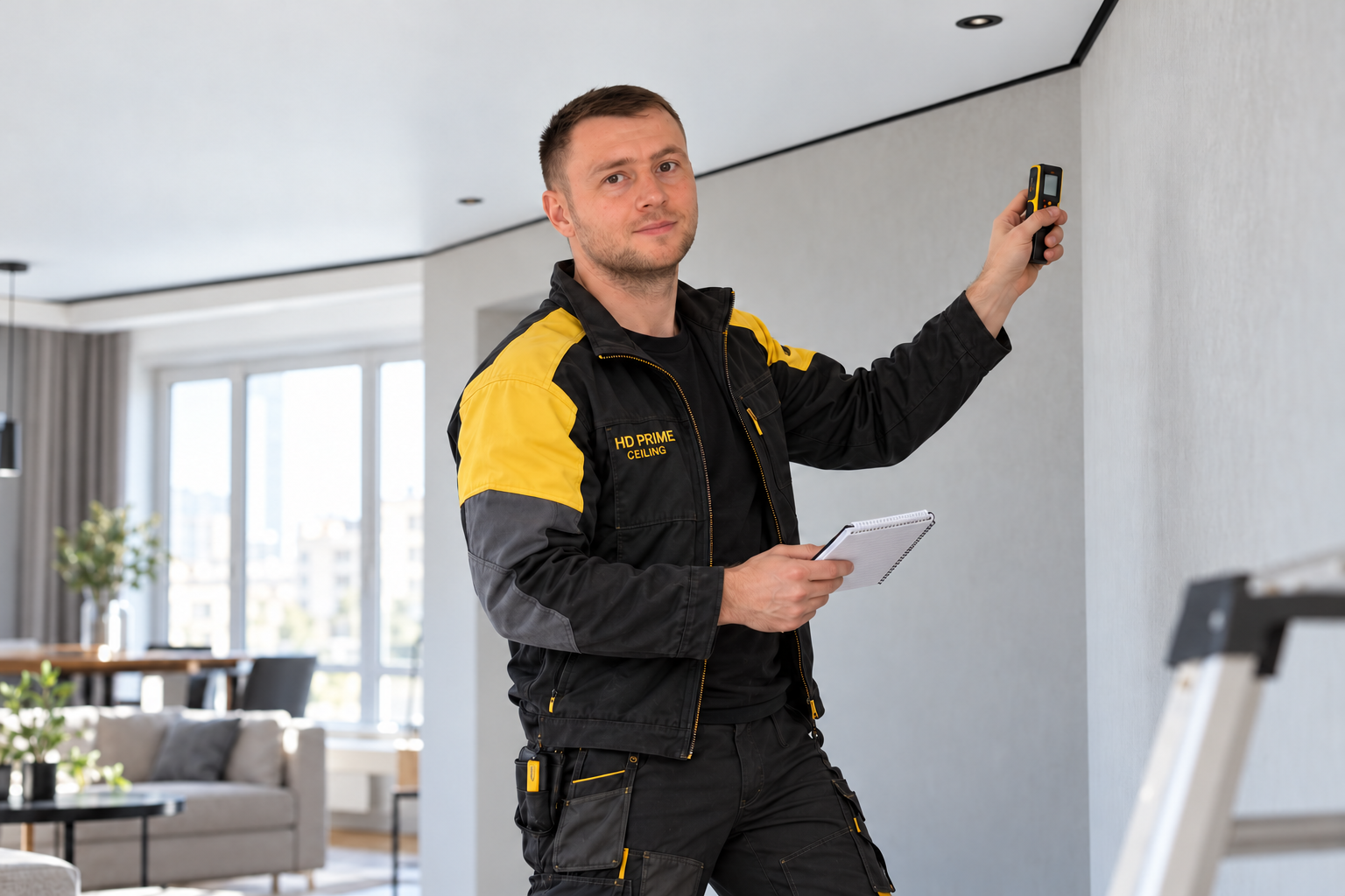 Специалист HD Prime Ceiling в чёрно-жёлтой форме во время замера — AI-визуализация